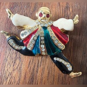 Vintage Gold Tone Rhinestone Enamel and Red Clown Brooch Pin Leaping